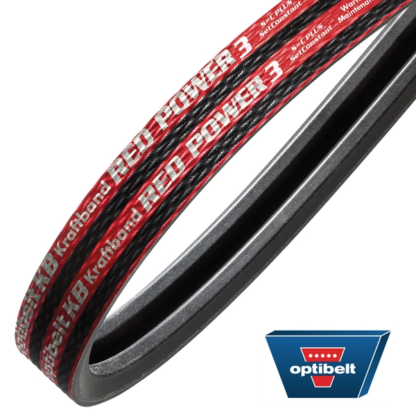 Optibelt Kraftband RED POWER 3 mit rotem und schwarzem Design sowie sichtbarer Markenaufschrift, daneben das Optibelt-Logo.