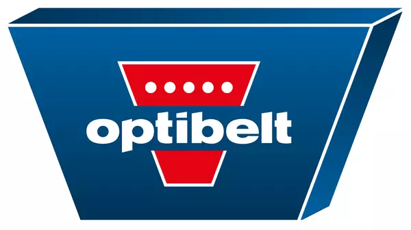 Blaues Logo in Form eines Keilriemenquerschnitts mit dem roten Schriftzug „optibelt“ und einer roten, pfeilförmigen Grafik im Hintergrund.