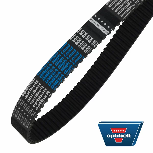 Schwarzer Zahnriemen mit blauen und weißen Markierungen, abgebildet mit Optibelt-Logo in der Ecke.