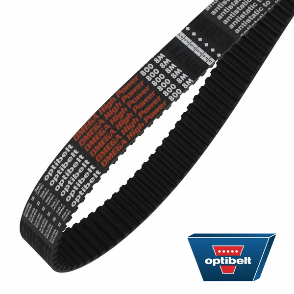 Schwarzer Zahnriemen mit weißem und orangem „Optibelt OMEGA High Power“ Aufdruck; unten rechts das Optibelt-Logo.
