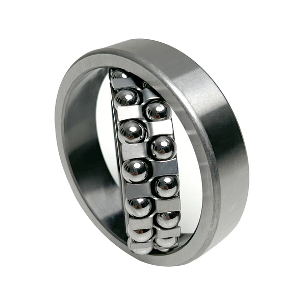 Zweireihiges Pendelkugellager aus Metall mit glänzenden Kugeln zwischen einem inneren und äußeren Ring.