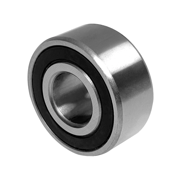Kugellager mit glänzendem Metallgehäuse und schwarzen Dichtungen, leicht schräg von vorne betrachtet.