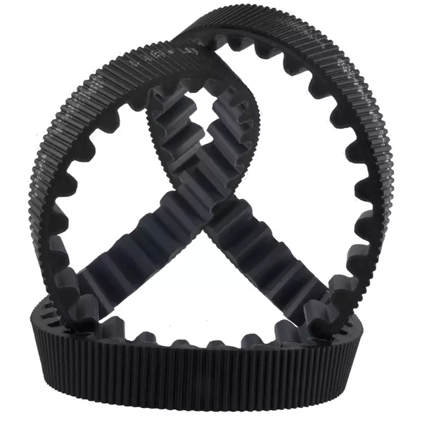 Schwarzer Polychain-Zahnriemen mit abgerundeten Zähnen, der eine Schleifenform bildet.