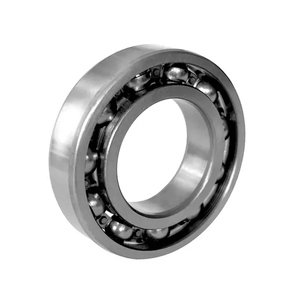 Metallisches, offenes Rillenkugellager mit sichtbaren Kugeln.