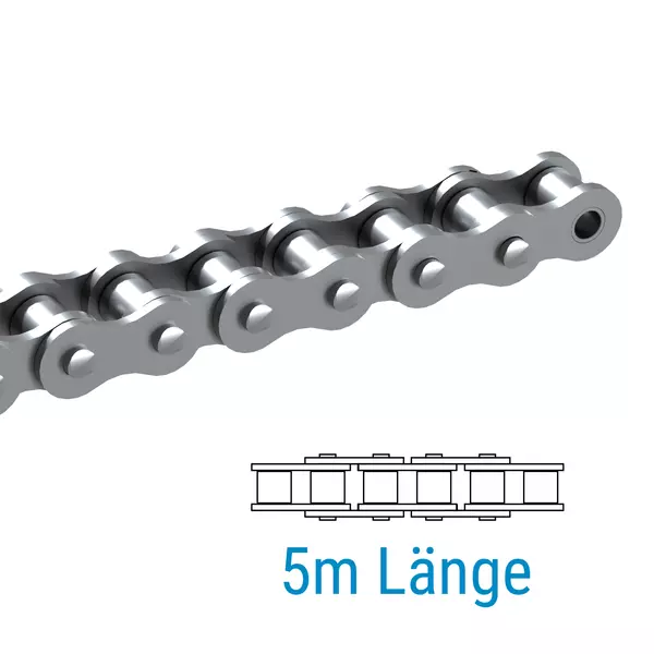 Edelstahl-Rollenkette in Nahaufnahme mit schematischer Darstellung darunter und der Angabe "5 m Länge" in Blau.