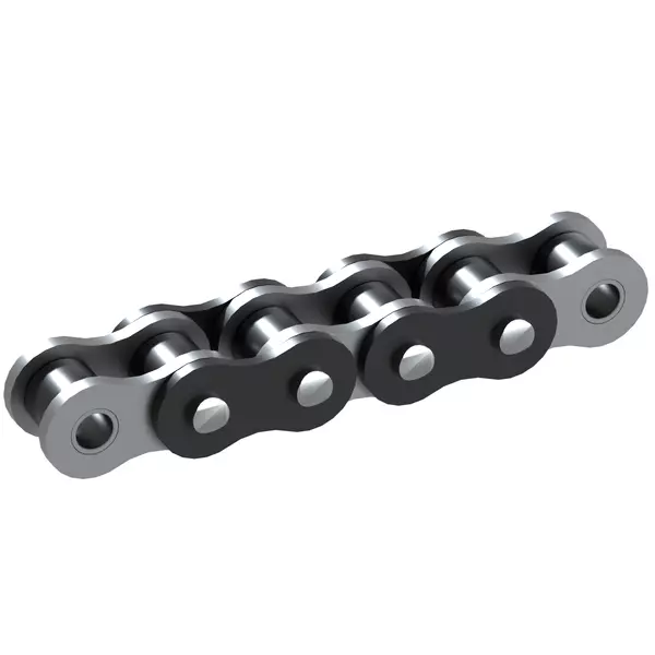 Metallene Rollenkette mit ineinandergreifenden nierenförmigen Gliedern in einer Perspektive, die die zylindrischen Rollen und Löcher an den Enden der Kettenglieder zeigt.