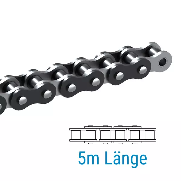 Metallische Industriekette in Nahaufnahme, ergänzt durch eine schematische Darstellung und Text "5m Länge".