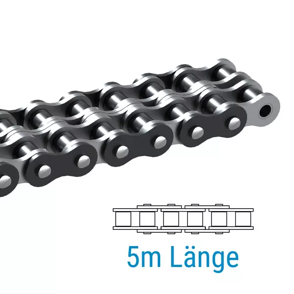 Detaillierte Darstellung einer zweireihigen Rollenkette mit einer Länge von 5 Metern, inklusive schematischer Illustration.