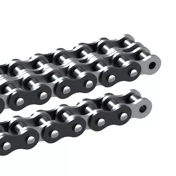 Metallische Rollenkette mit schwarzen und silbernen Gliedern in einer dichten, parallel gestapelten Anordnung.