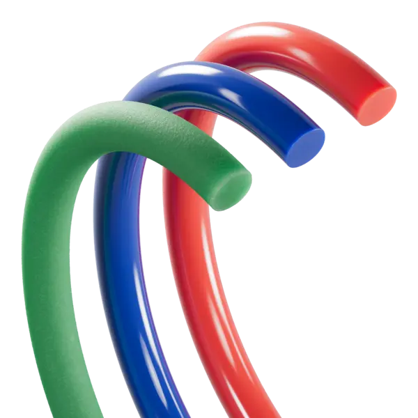 Vier bunte Rundriemen mit glatter Oberfläche in den Farben Beige, Blau, Rot und Grün, alle gebogen und nebeneinander angeordnet.