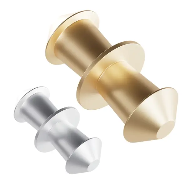 Zwei kegelförmige Metallverbinder in silberner und goldener Farbe, jeweils mit symmetrisch zulaufenden Spitzen und einem Mittelring.