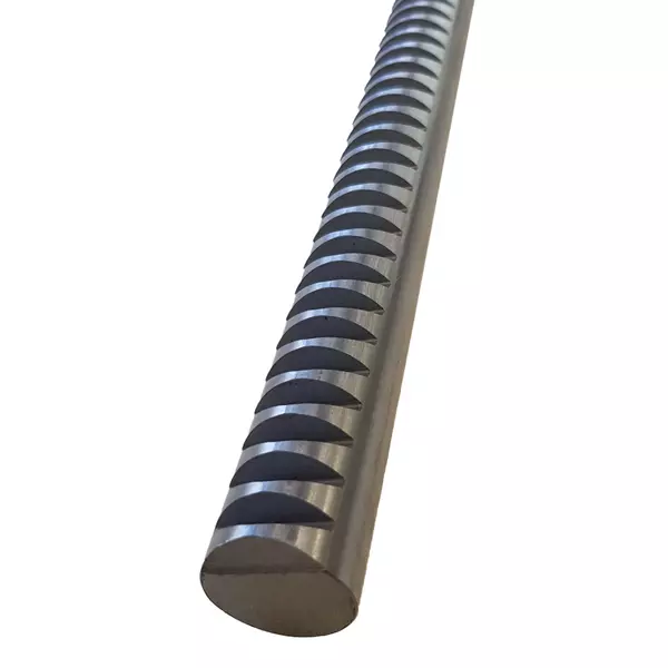 Metallene Rundzahnstange mit gleichmäßig verteilt angeordneten Zähnen.