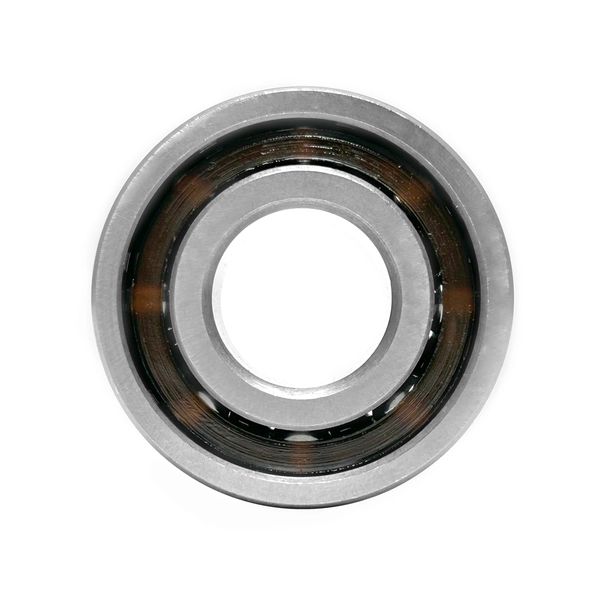 Schrägkugellager in Frontalansicht mit sichtbaren Kugeln und Metallringen.