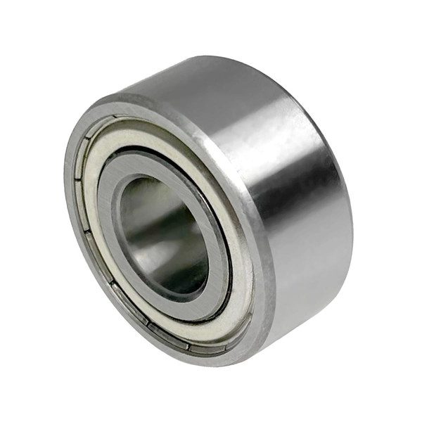 Ein zylindrisches, metallisches Schrägkugellager mit Metallabdichtung und glatter, glänzender Oberfläche.