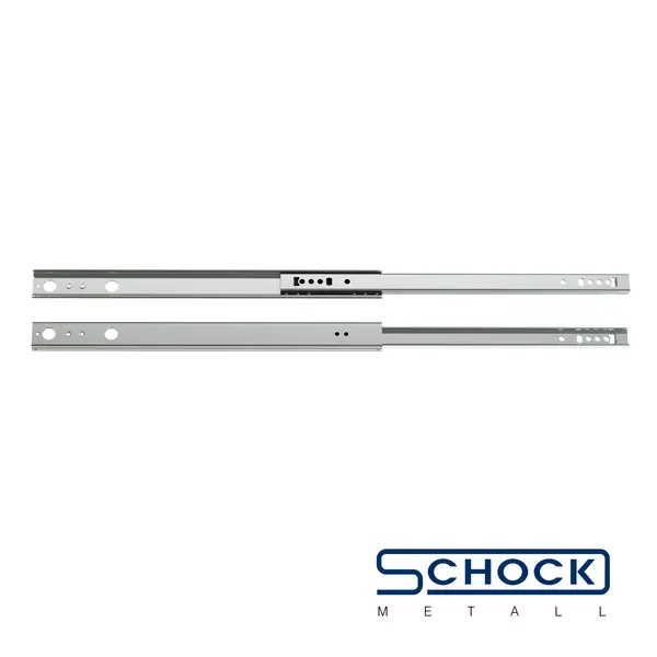 Zwei silberne Teleskopschubladenschienen auf weißem Hintergrund, unten rechts das Schock Metall Logo.