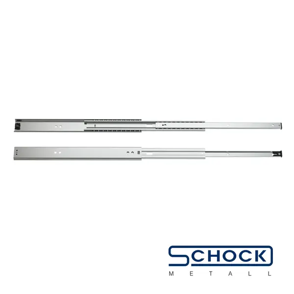Zwei silberne Teleskopschienen in verlängerter Position auf weißem Hintergrund, mit dem Logo von Schock Metall in der unteren rechten Ecke.