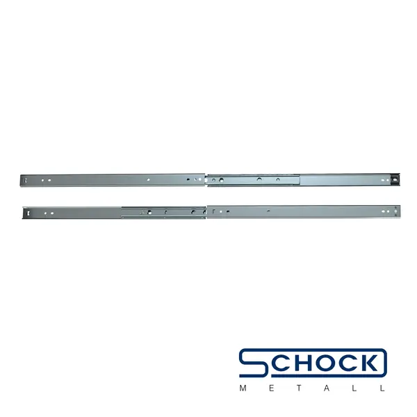 Zwei lange, graue Teleskopschienen mit mehreren Löchern zur Befestigung, darunter ein Logo mit dem Text "Schock Metall".