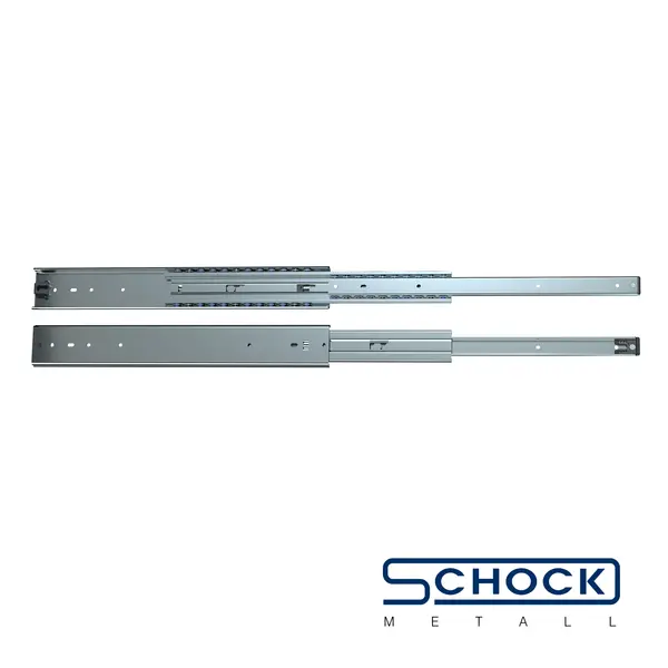 Zwei ausziehbare Metallschienen mit kugelgelagerten Führungen, auf hellem Hintergrund präsentiert, darunter das Logo "Schock Metall".