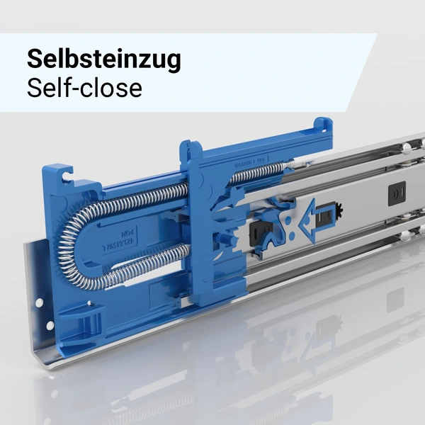 Mechanismus einer Teleskopschiene mit Selbsteinzug-Funktion, bestehend aus blauen und metallischen Komponenten sowie einer Spiralfeder.