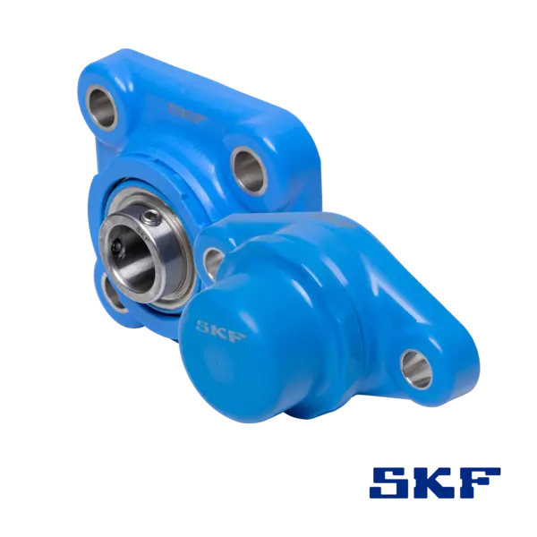 Zwei SKF Foodline-Lagereinheiten in blauer Hygienebauweise: eine mit sichtbarem Edelstahl-Innenlager, die andere mit geschlossenem Schutzdeckel. Beide Gehäuse besitzen glatte Oberflächen und Flanschausführung mit Befestigungsbohrungen. Rechts unten ist das SKF-Logo sichtbar.