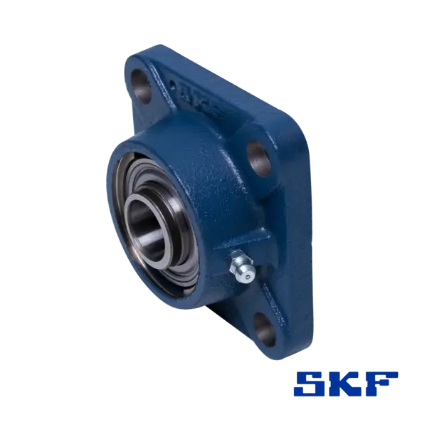 Abbildung eines blauen SKF-Flanschlagers mit vier Befestigungsbohrungen. Das Gehäuselager aus robustem Guss enthält ein integriertes Kugellager.