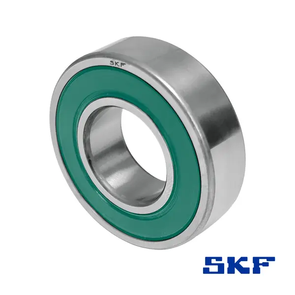 Ein Rillenkugellager von SKF mit grüner Kunststoffdichtung, in einer schrägen Ansicht.