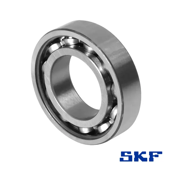 Ein Rillenkugellager von SKF mit Kunststoffdichtung, in einer schrägen Ansicht.