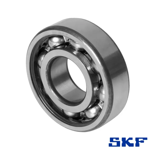 Ein Rillenkugellager von SKF mit Kunststoffdichtung, in einer schrägen Ansicht.