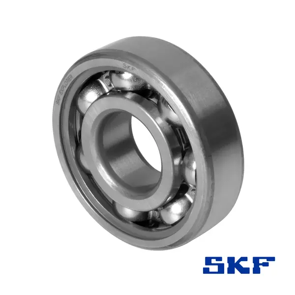 Ein Rillenkugellager von SKF mit Kunststoffdichtung, in einer schrägen Ansicht.