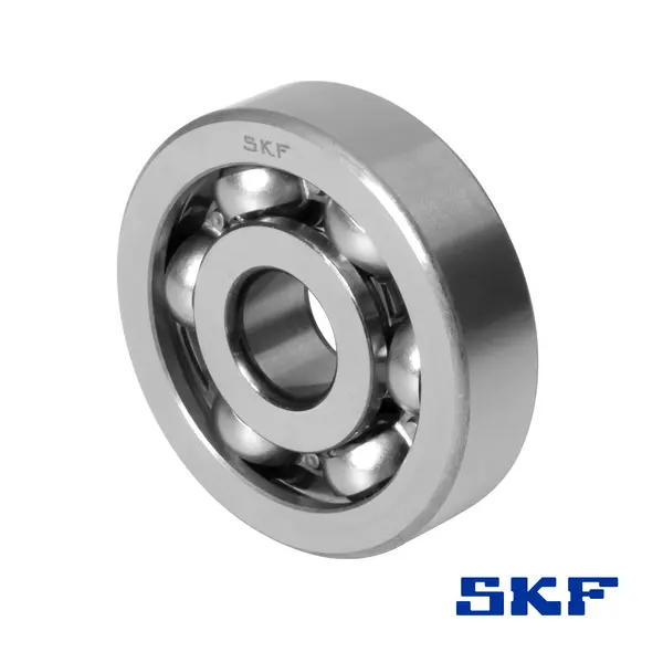 Ein Rillenkugellager von SKF mit Kunststoffdichtung, in einer schrägen Ansicht.