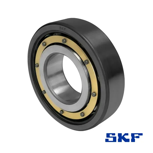 Ein SKF Rillenkugellager offen insocoat mit Messingring, in einer Schrägansicht.