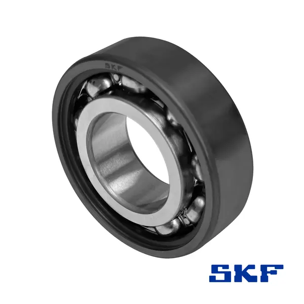 Ein INSOCOAT Rillenkugellager von SKF mit schwarzem Außenmantel, in einer schrägen Ansicht