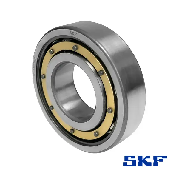 Ein offenes Rillenkugellager von SKF mit Messingkäfig aus Wälzlagerstahl, in einer schrägen Ansicht.