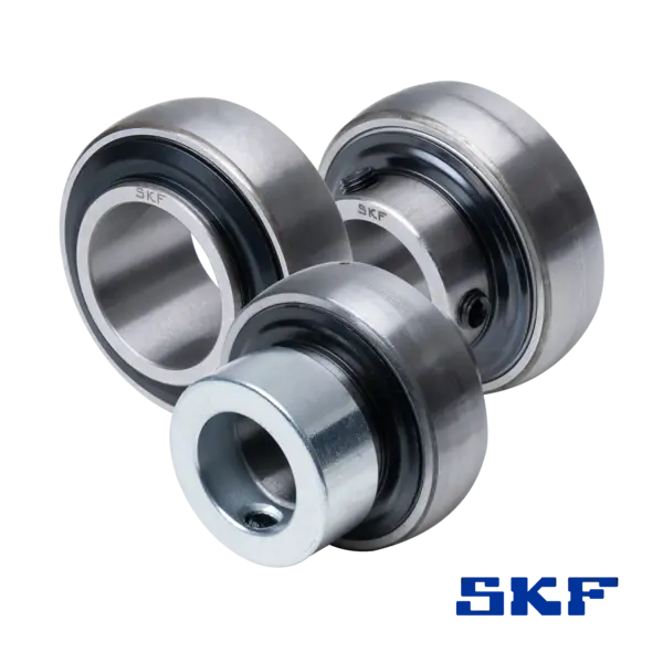 Drei SKF-Spannlager in verschiedenen Ausführungen; vorne rechts das blaue SKF-Logo.