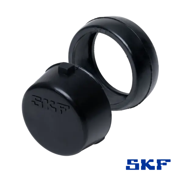 Schwarze SKF-Abdeckung mit passendem Ring, verwendet zum Schutz von Lagergehäusen vor Staub und Schmutz; daneben das blaue SKF-Logo.