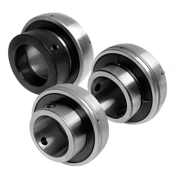 Drei metallische Spannlager in zylindrischer Form, mit Exzenterspannringen.