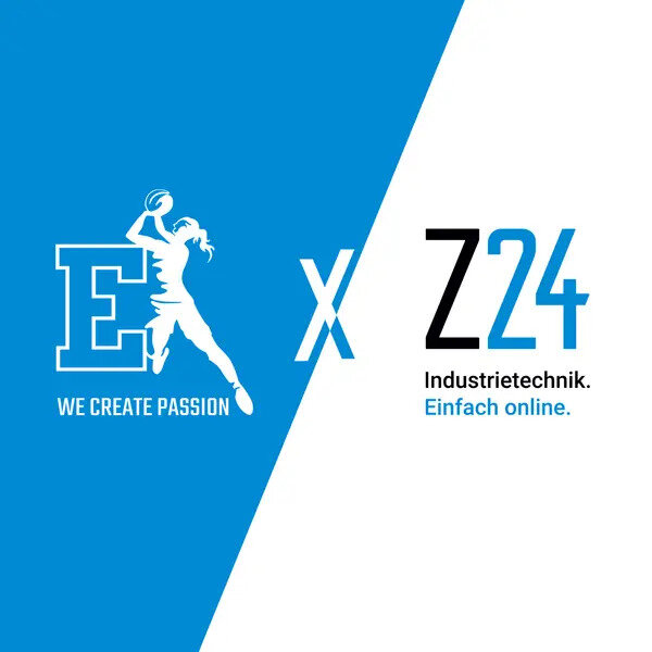 Blau-weißes Design mit einem Basketballspieler-Symbol links neben einem großen "E", darunter der Slogan "We create Passion", daneben ein "X", gefolgt von "Z24" und dem Slogan "Industrietechnik. Einfach online.".