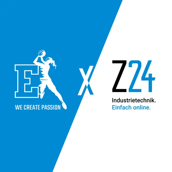 Blau-weißes Design mit einem Basketballspieler-Symbol links neben einem großen "E", darunter der Slogan "We create Passion", daneben ein "X", gefolgt von "Z24" und dem Slogan "Industrietechnik. Einfach online.".