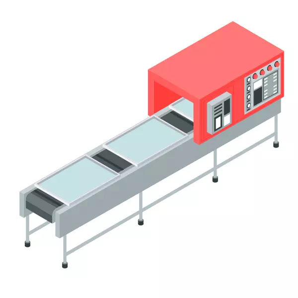 Illustration eines Förderbands mit Tablets, einer roten Verkleidung und Bedienelementen an der Seite.