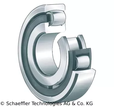 Ein zylindrisches Lager mit zwei Innenringen und mehreren zylindrischen Wälzkörpern, die von einem Käfig umschlossen werden.