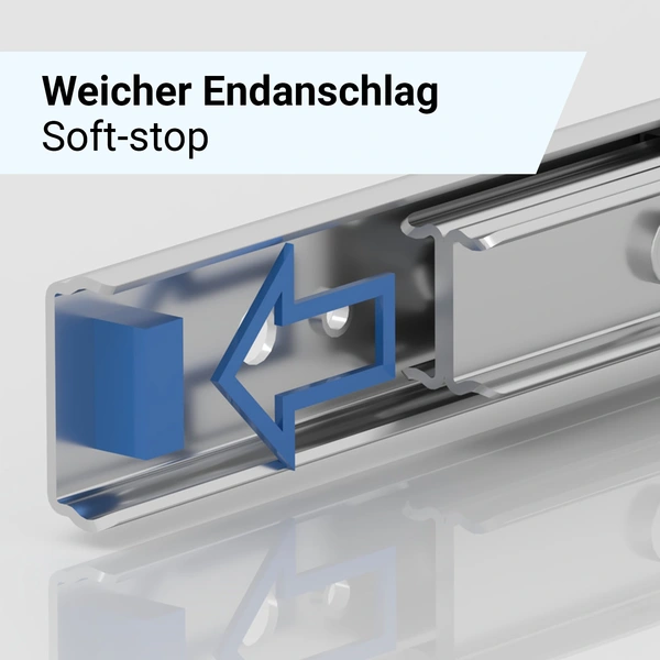 Blauer Pfeil zeigt auf den Mechanismus des weichen Endanschlags in einer Metallschiene.