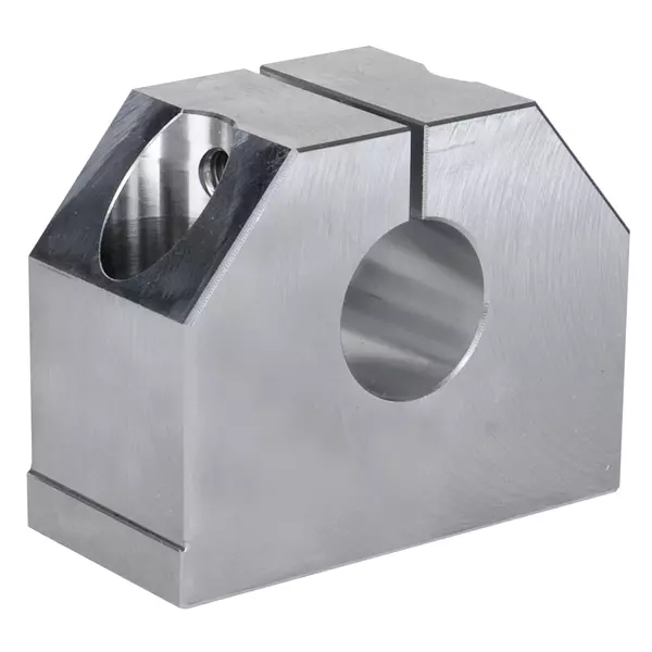 Aluminiumblock mit runder Bohrung und Schlitz, zur Befestigung von Präzisionswellen.