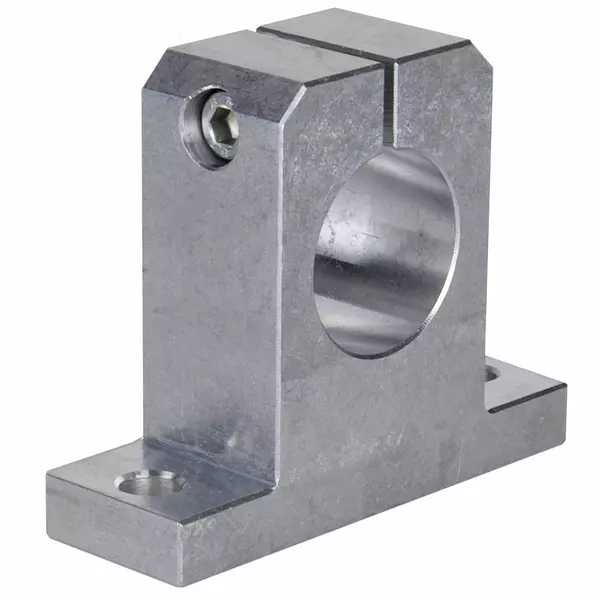 Aluminiumblock mit rechteckigem Fuß, zentraler Öffnung zur Wellenaufnahme und obenliegender Inbusschraube zur Fixierung.
