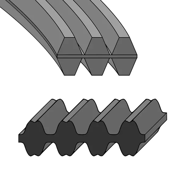 Schematische Darstellung eines Rippenriemens mit beidseitig längs verlaufenden Rippen und eines Zahnriemens mit beidseitigen Zähnen quer zur Laufrichtung.