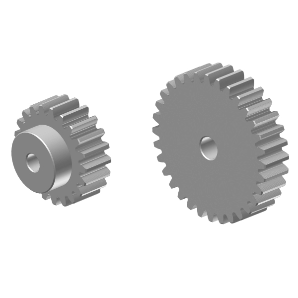 Zwei, unterschiedlich große Zahnräder aus Metall mit zentralen Bohrungen, rechts ein größeres Zahnrad ohne Nabe, links ein kleineres mit Nabe.
