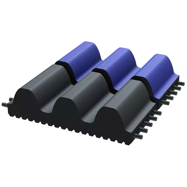 Anschnitte zweier Zahnriemen. Ein Polychain Carbon Zahnriemen mit blauer Zahnseite und ein Polychain Carbon Volt Zahnriemen mit schwarzer Zahnseite.
