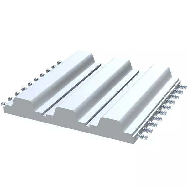 Zahnriemenprofil mit mehreren parallel verlaufenden Zähnen und sichtbaren Stahlzugsträngen auf einer Seite.