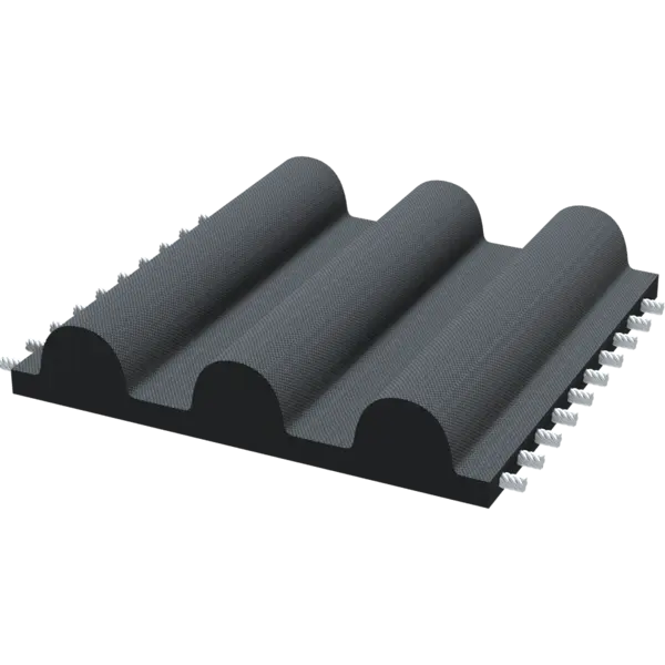 Zahnriemenanschnitt eines schwarzen Zahnriemens mit drei halbrunden Zähnen und Texturdetails.