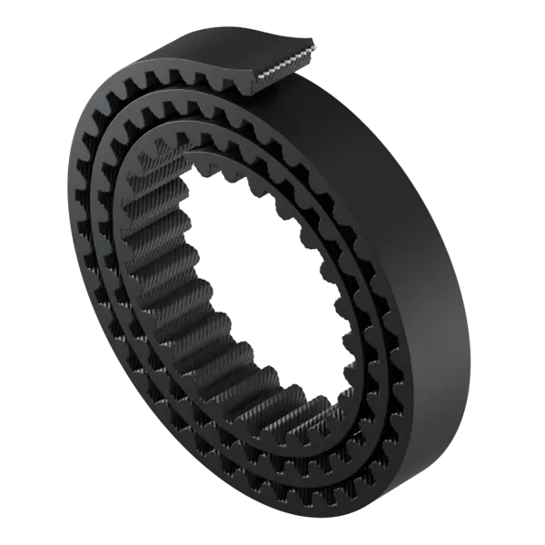 Ein schwarzer Zahnriemen aus Neopren ist zu einer Spirale aufgerollt.