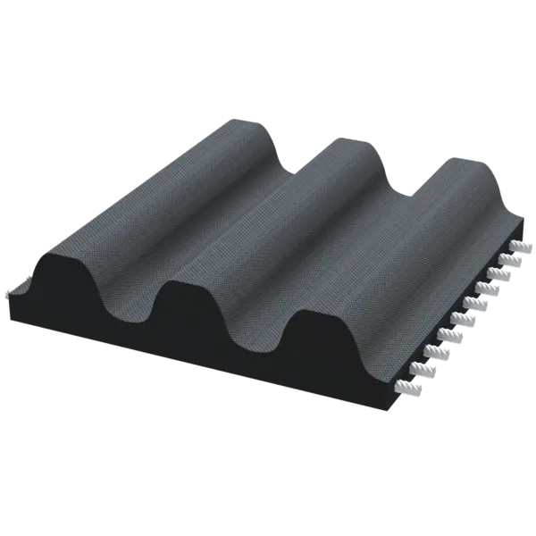 Ein Querschnitt eines Zahnriemens mit abgerundeten Zähnen.